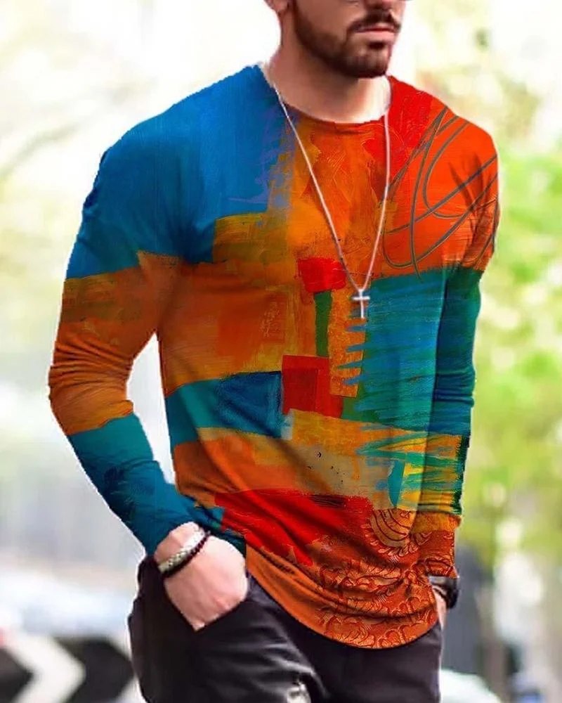 men's irregular color block printing long-sleeved T-shirt