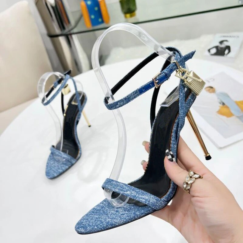 VCSHOES Gold Padlock High Heel One Word Buckle Open Toe Thin Heels Leather Shoes Ankle Strap Gladiator Sandal
