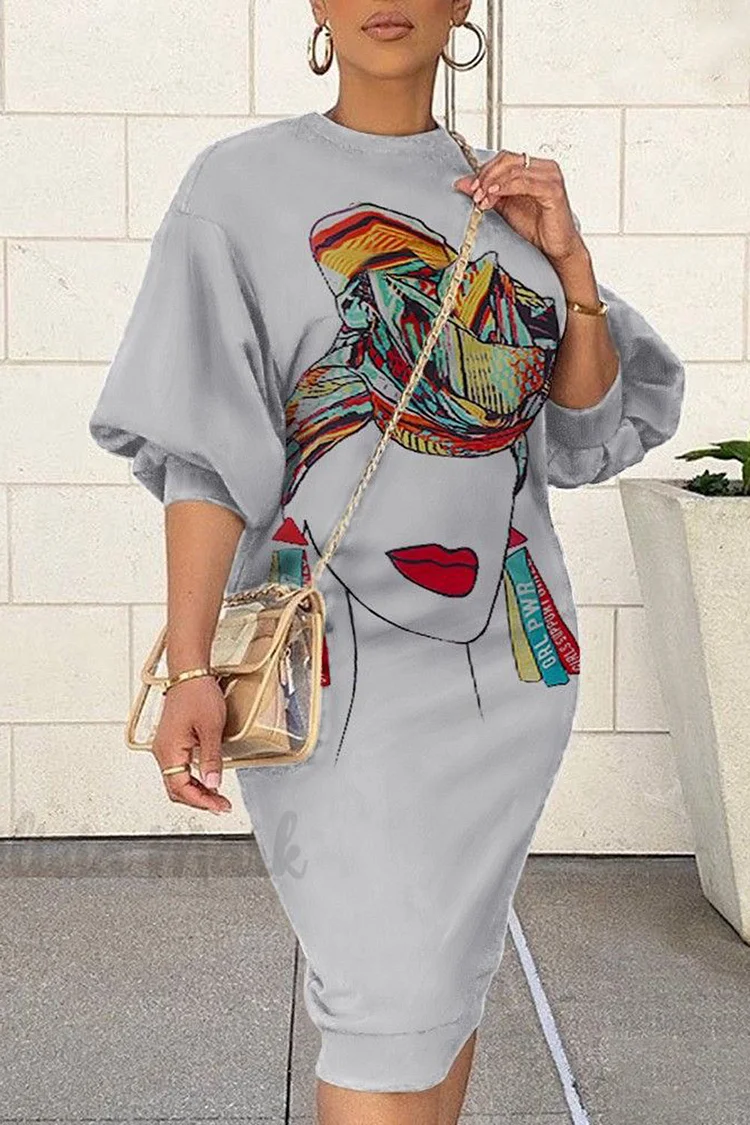 Plus Size Casual Dress Grey Graphic Portrait Print Lantern Sleeve Bodycon Midi Dress