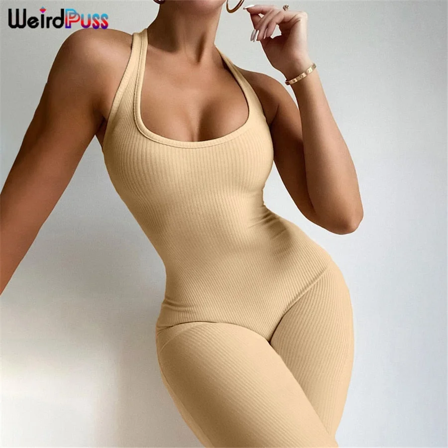 Weird Puss 2021 Spring Overalls For Women Halter Sexy Romper Ribbed Skinny Stretchy Sporty Fitness Backless Playsuits Outfits