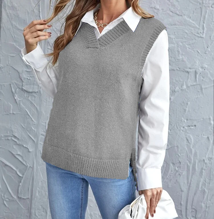 Wongn Wongn And Autumn New Style Irregular Knitting Vest Fashion Casual Women's Wear V-Neck Sweater Women