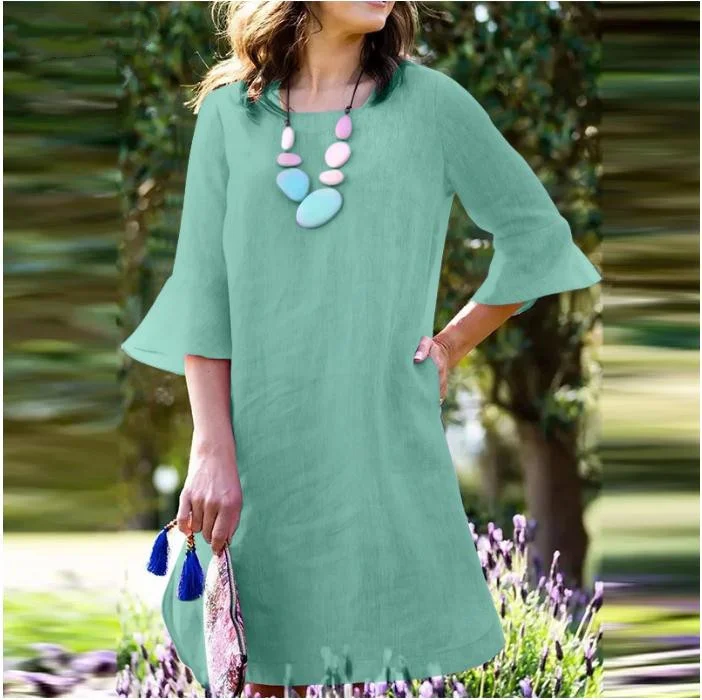 Ladies Spring/Summer Round Neck Short Sleeve Midi Dress