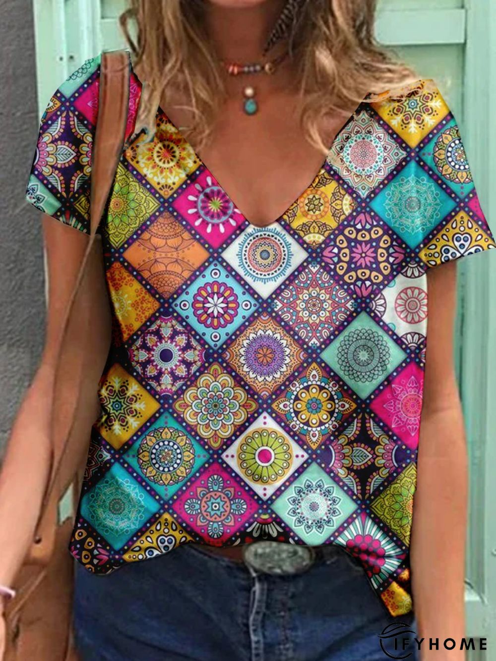 Paisley Short Sleeve Printed Cotton-blend V neck Casual Summer Multicolor Top | IFYHOME