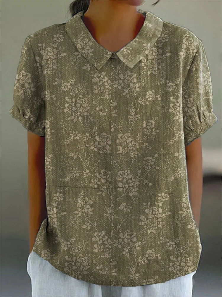 Women's Vintage Floral Art Print Casual Cotton And Linen Shirt