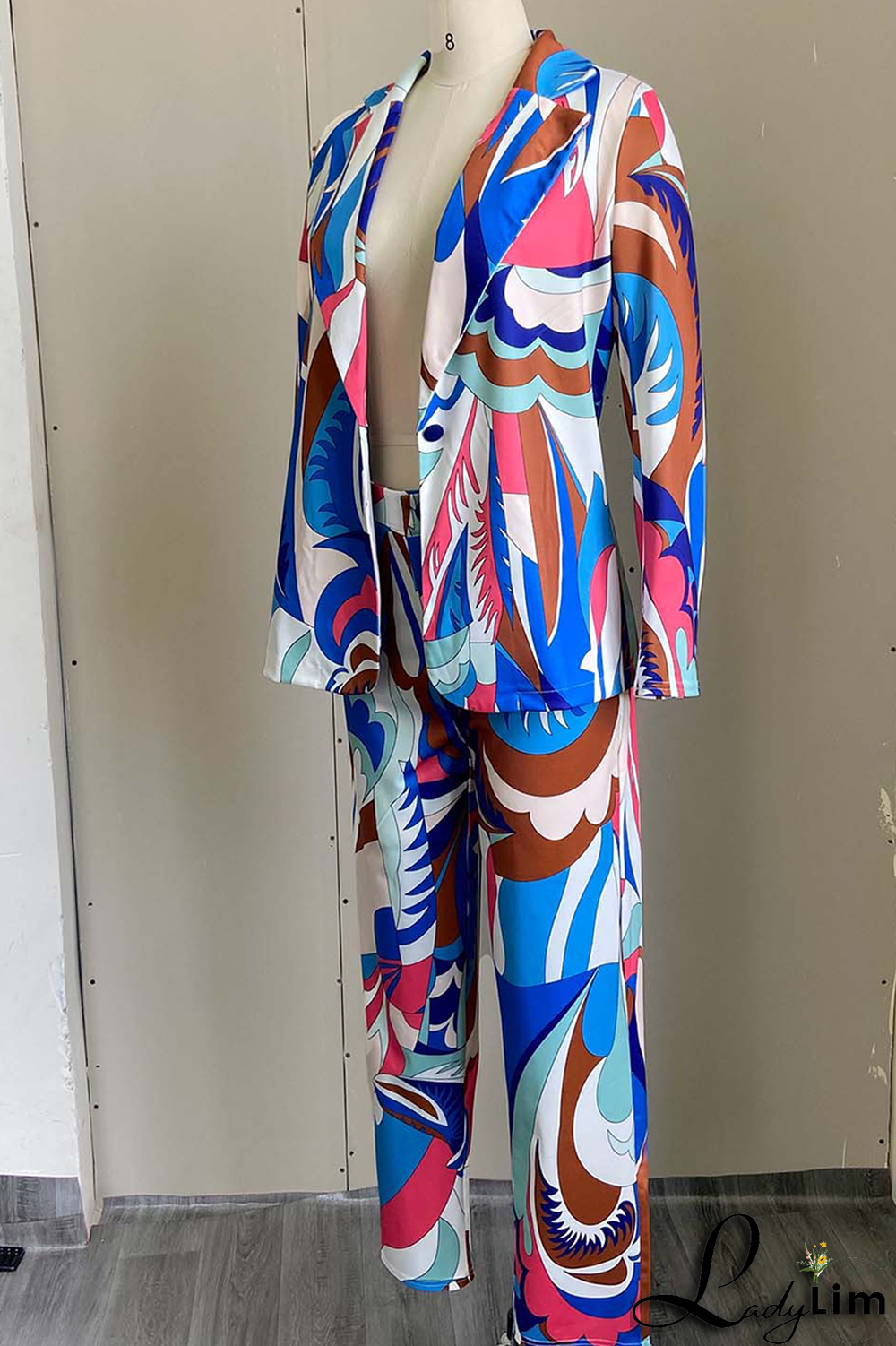 Pink Casual Print Split Joint Turndown Collar Long Sleeve Two Pieces