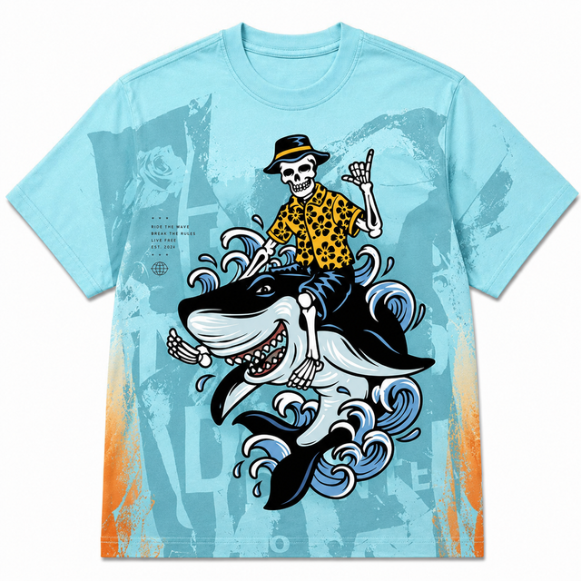 Surf Leopard Wave Cotton T-Shirt - Aqua / Orange / Black