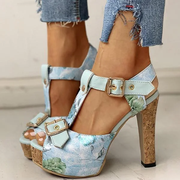 Flower Print Peep Toe Platform Chunky Heels