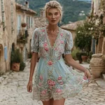 Women's Vintage Bohemian Floral Embroidered Casual Short Dress - Image 2
