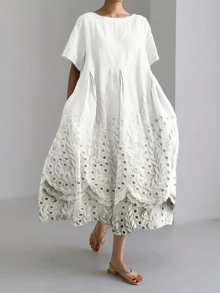Cottage Wheat Floral Lace Hem Linen Blend Maxi Dress