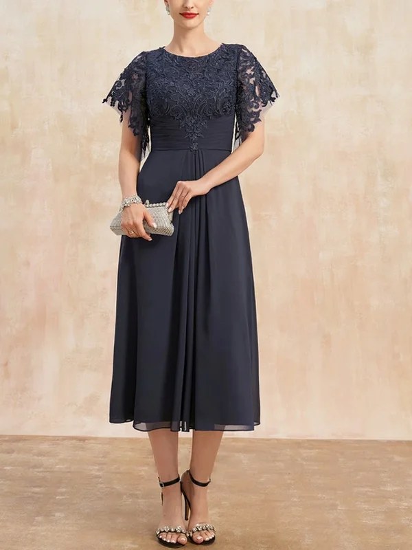 Round Neck Short Sleeve Lace Solid Color Midi Dress