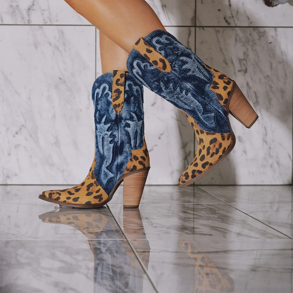 Multicolor Pointed Toe Patchwork Leopard Print Western Boots for Women