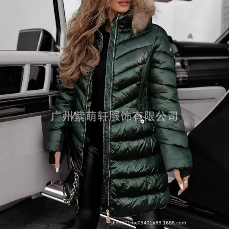 Nigikala Nigikala Thick Hooded Cotton Clothes Women's Long-Haired Collar Fashion Cotton Jacket Winter Cotton Clothes Women