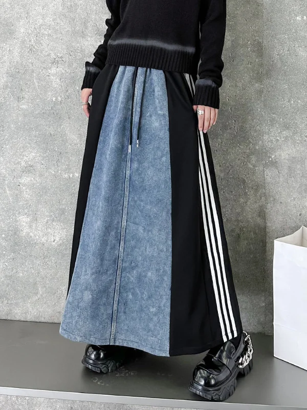 A-Line Loose Contrast Color Drawstring Split-Joint Striped Skirts Bottoms