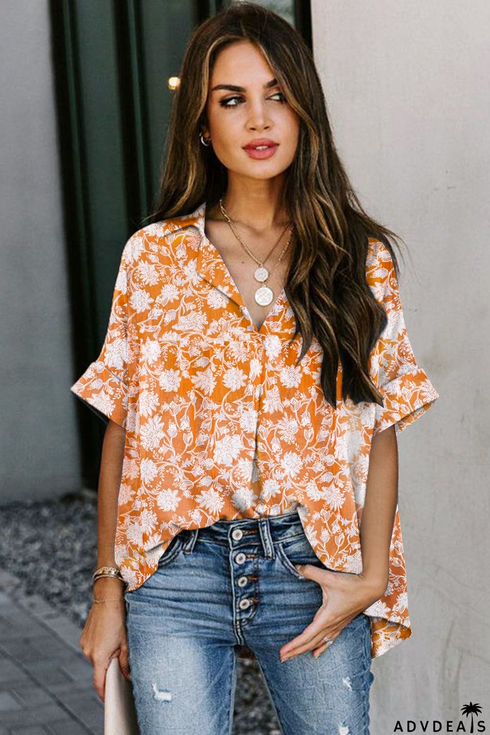 Dotted Print V Neck Drape Front Blouse