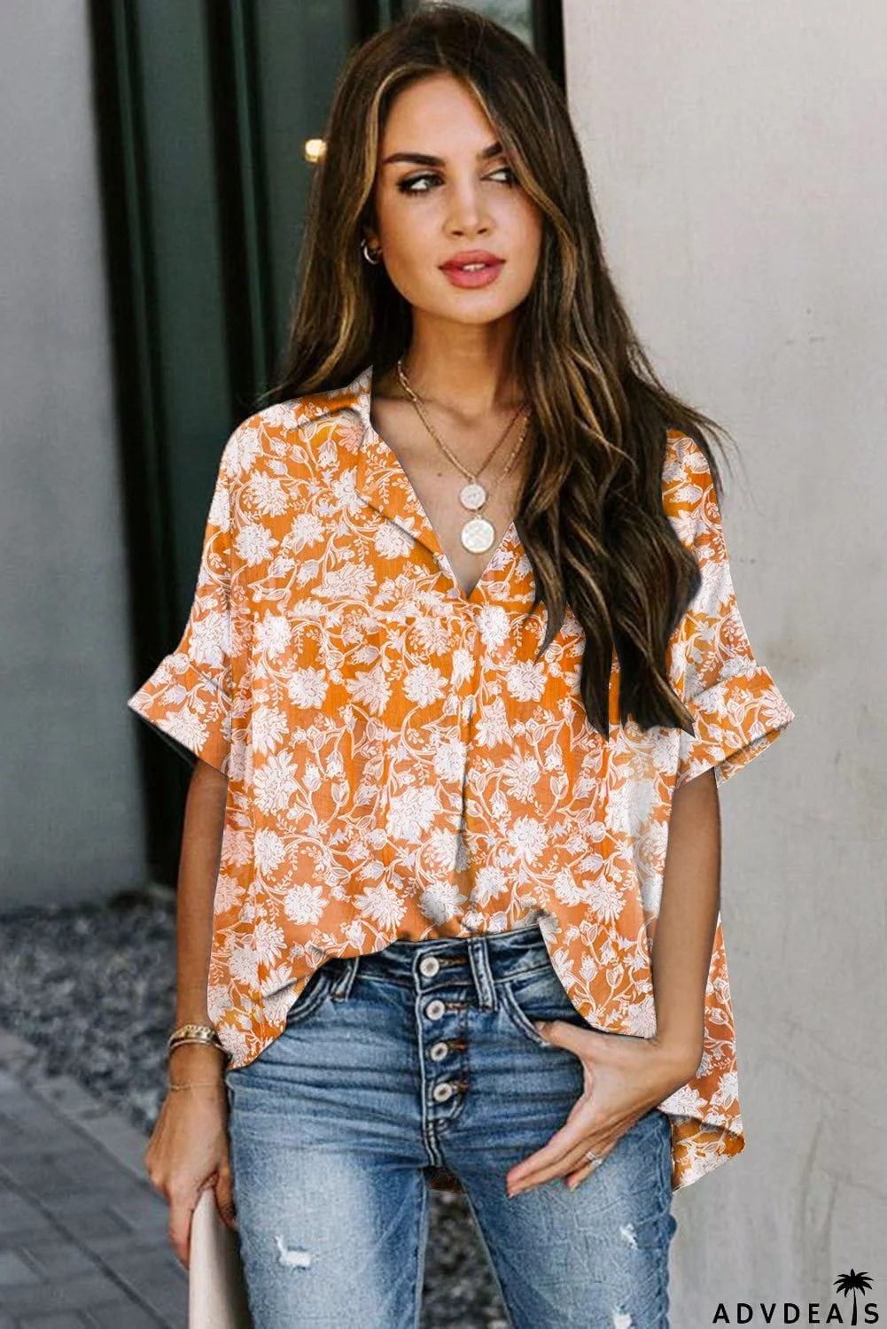 Dotted Print V Neck Drape Front Blouse