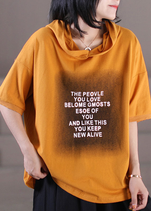 VCSHOES Orange Hooded Letter Print Cotton Pullover Streetwear Short Sleeve