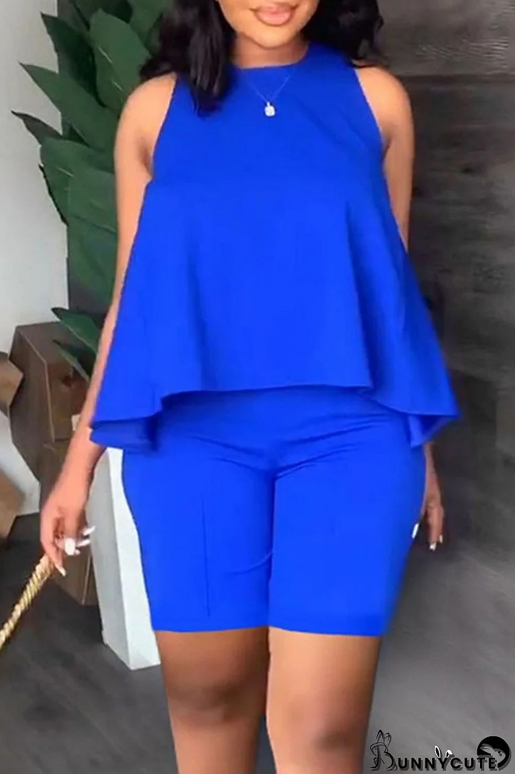 Royal Blue Casual Solid Basic O Neck Sleeveless Two Pieces