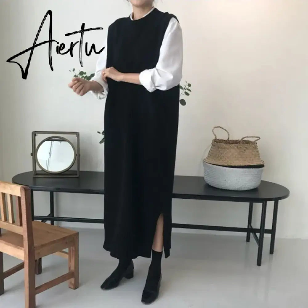 Long Knit Oversized Women Maxi Sweater Dress Warm Sweater Vest Loose Tunic Dress High Street Baggy Midi Pullover Dress Aiertu