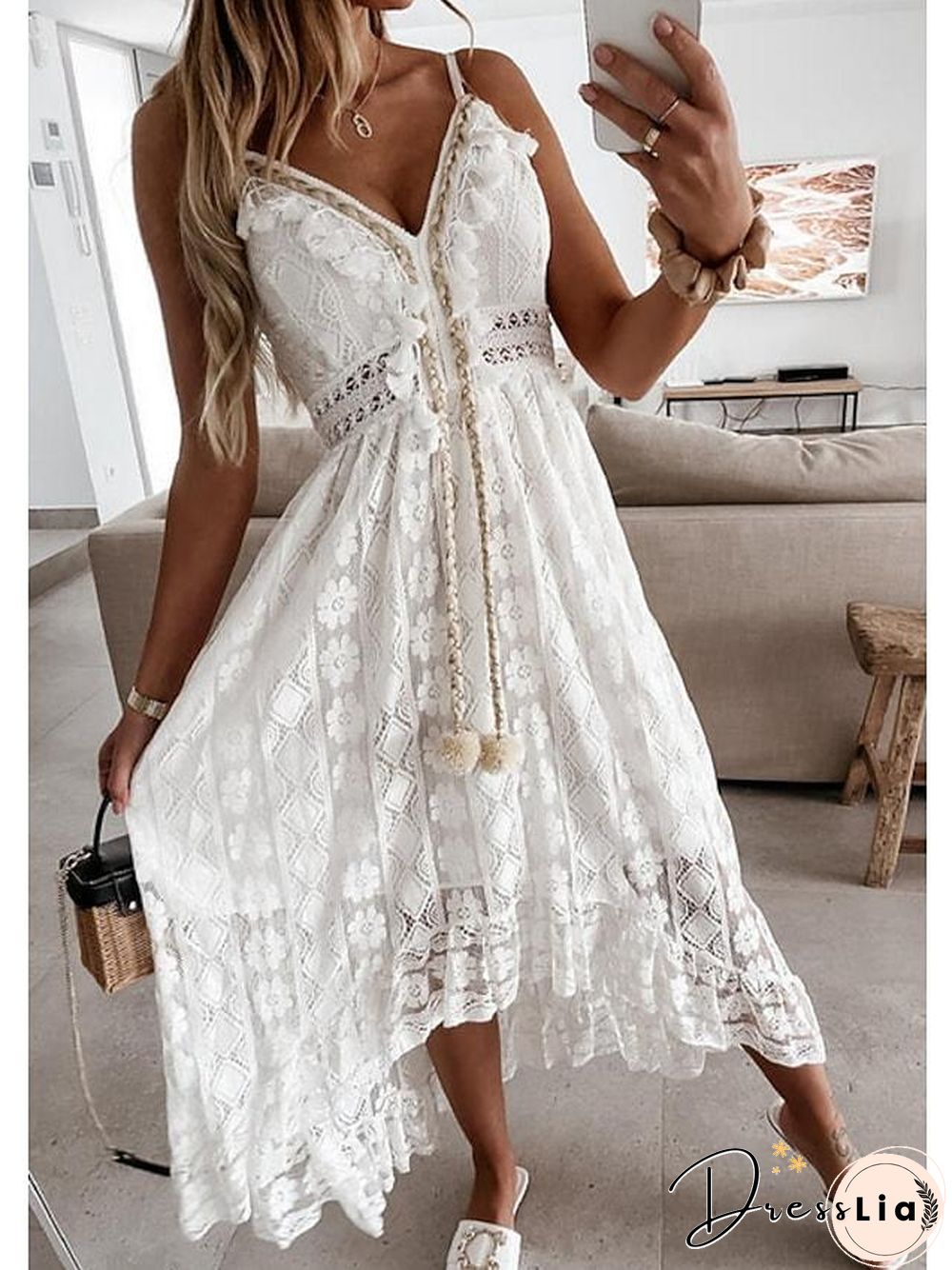 Women's Swing Dress Maxi Long Dress White Beige Sleeveless Solid Color Embroidered Lace Spring Summer V Neck Casual Boho Beach Lace S M L XL XXL