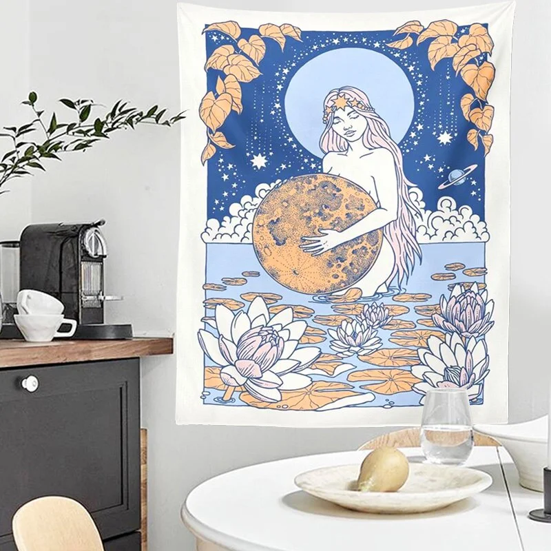 Tarot Card Tapestry Old Vintage Tapestries Witchcraft Astrology Star Moon Nymph Mermaid Goddess Sea Bed Decor Blanket Wall Cloth