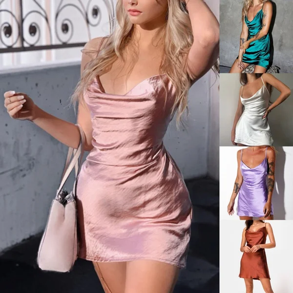 Summer Women's Fashion New Sleeveless Satin Strap Mini Backless Casual Top Dresses