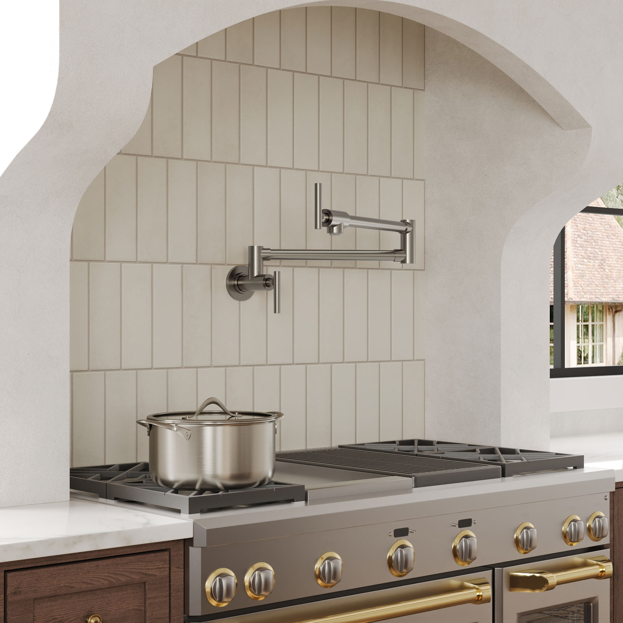 25-Inch Wall-Mount Pot Filler Faucet with Dual Swing Arms in Brushed Nickel