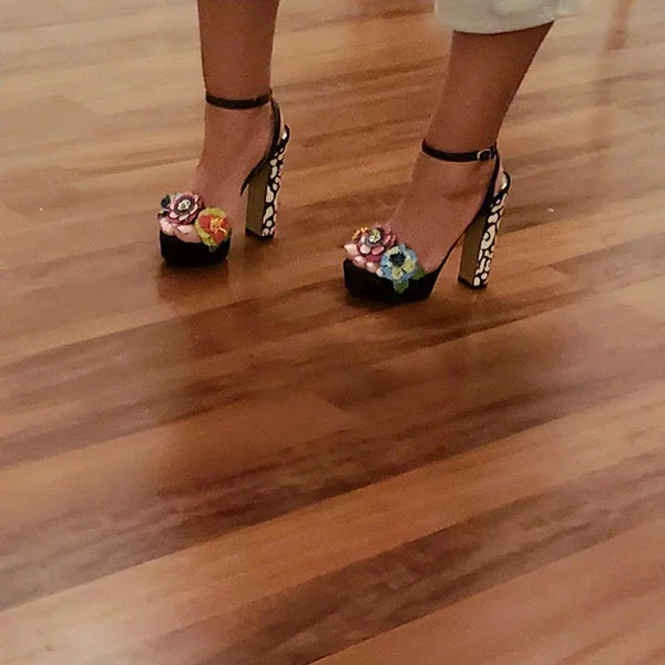 Colorful 3D Flowers Snake Embossed Ankle Strap Heels