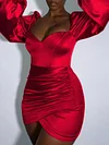 Solid Silk Puff Sleeves  Slim Sexy Mini Dress