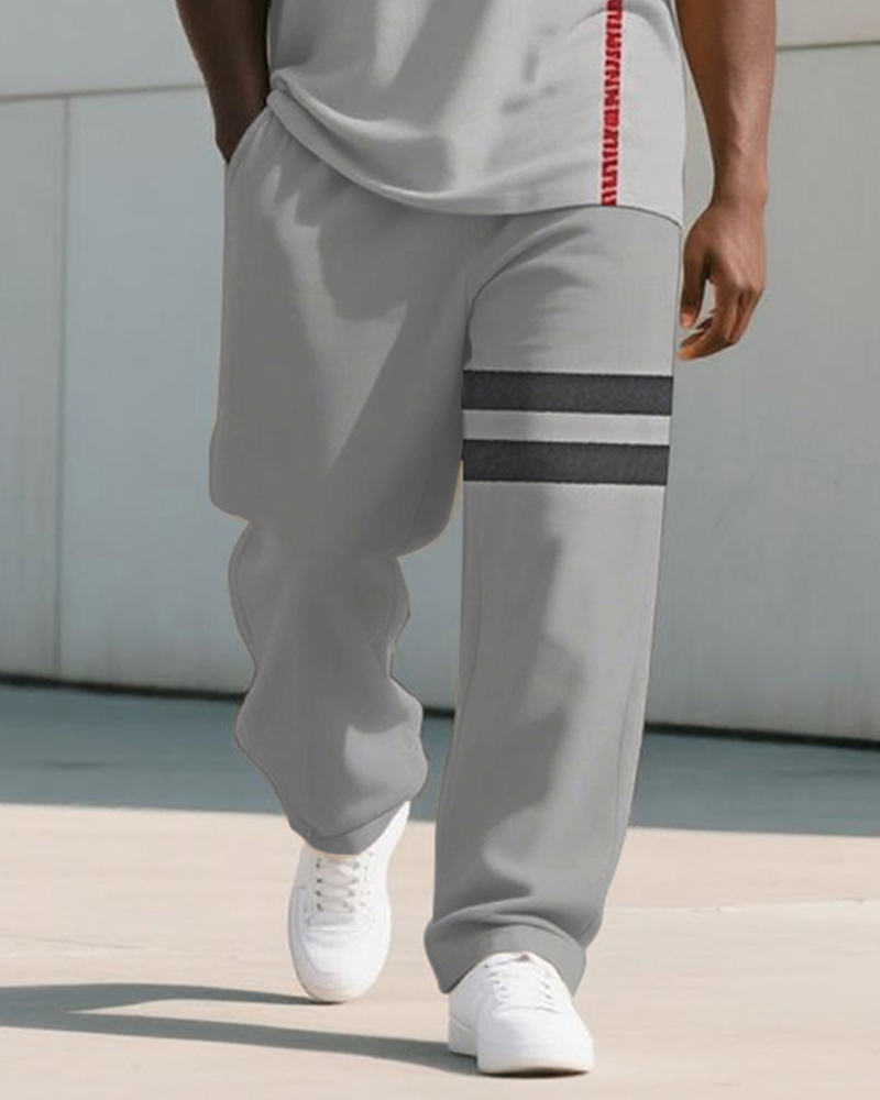 Men's Plus Size Grey Colorblock Striped Alphabet Print T-Shirt Trousers Suit