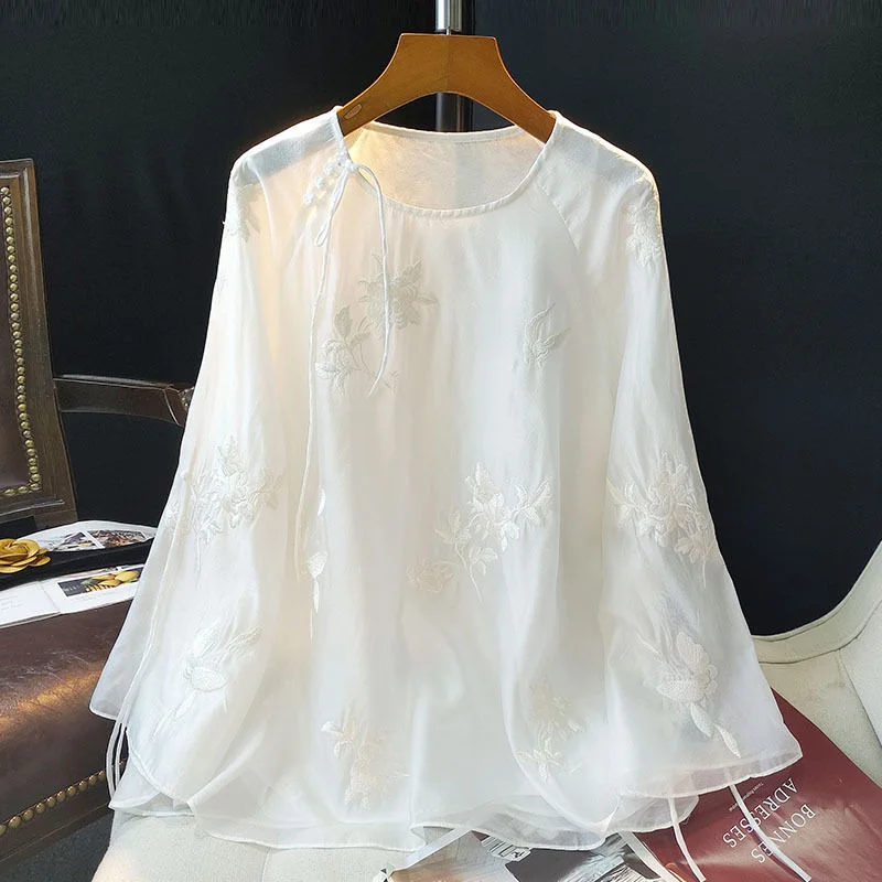 Ueong Chinese-Style Round-Collar Embroidered Shirt Women's Autumn 2023 New Fashionable Casual National Style Dress Trend