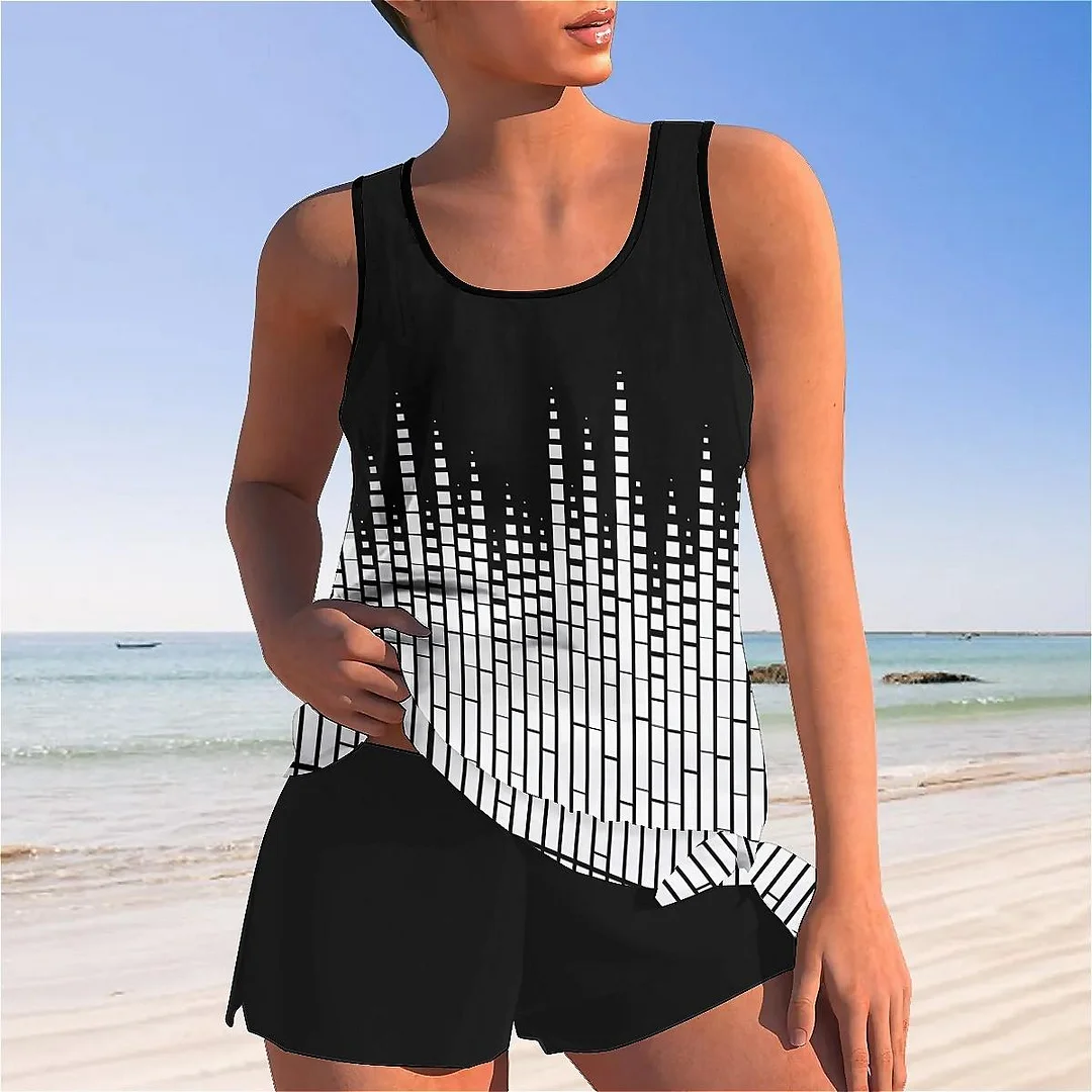 Bowknot Ray,Black,White Mid Waisted Tankini Set - Plus Size Available
