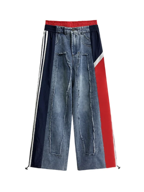 Contrast Color Drawstring Elasticity Fringed Split-Joint Loose Wide Leg Jean Pants Bottoms