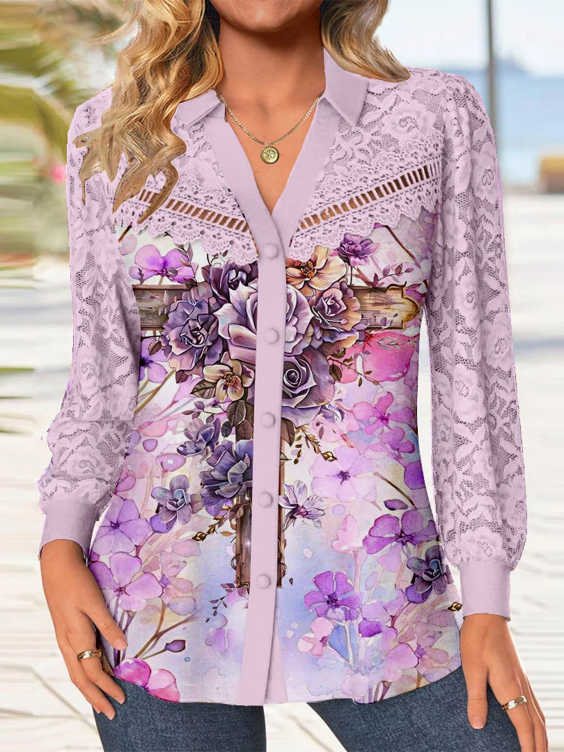 Women's Long Sleeve V-neck Floral Printed Lace Stitching Tops