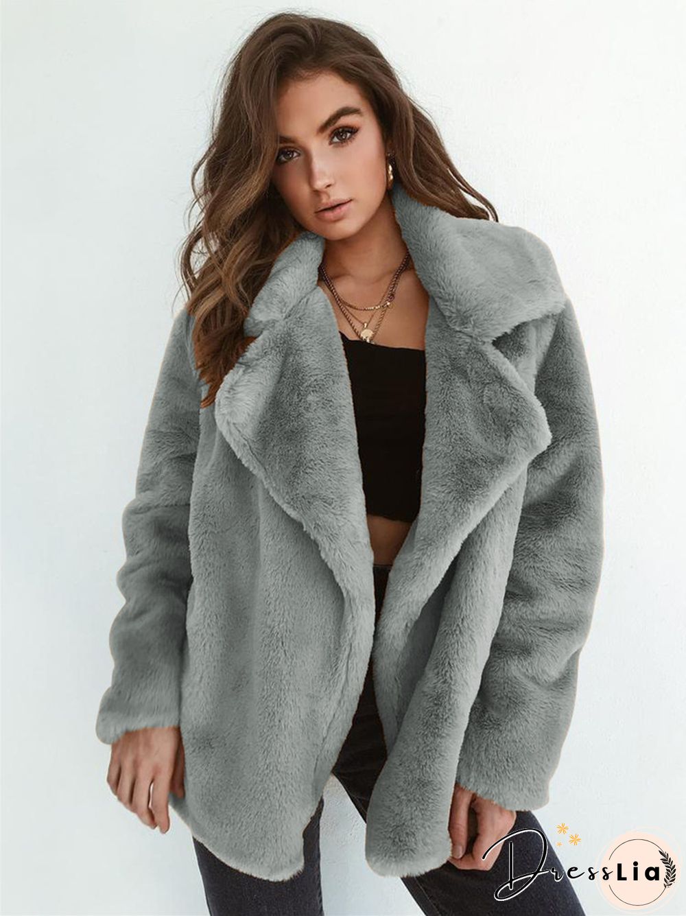 Fashion Solid Color Sexy Plush Lapel Coat