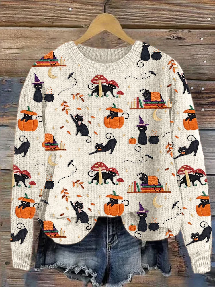 Comstylish Black Cat Pumpkin Embroidery Pattern Knit Sweater