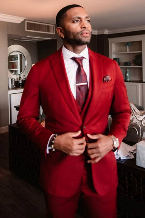 Three Pieces Peaked Lapel Mens Suits For Weddings Red With Velvet | Ballbellas Ballbellas