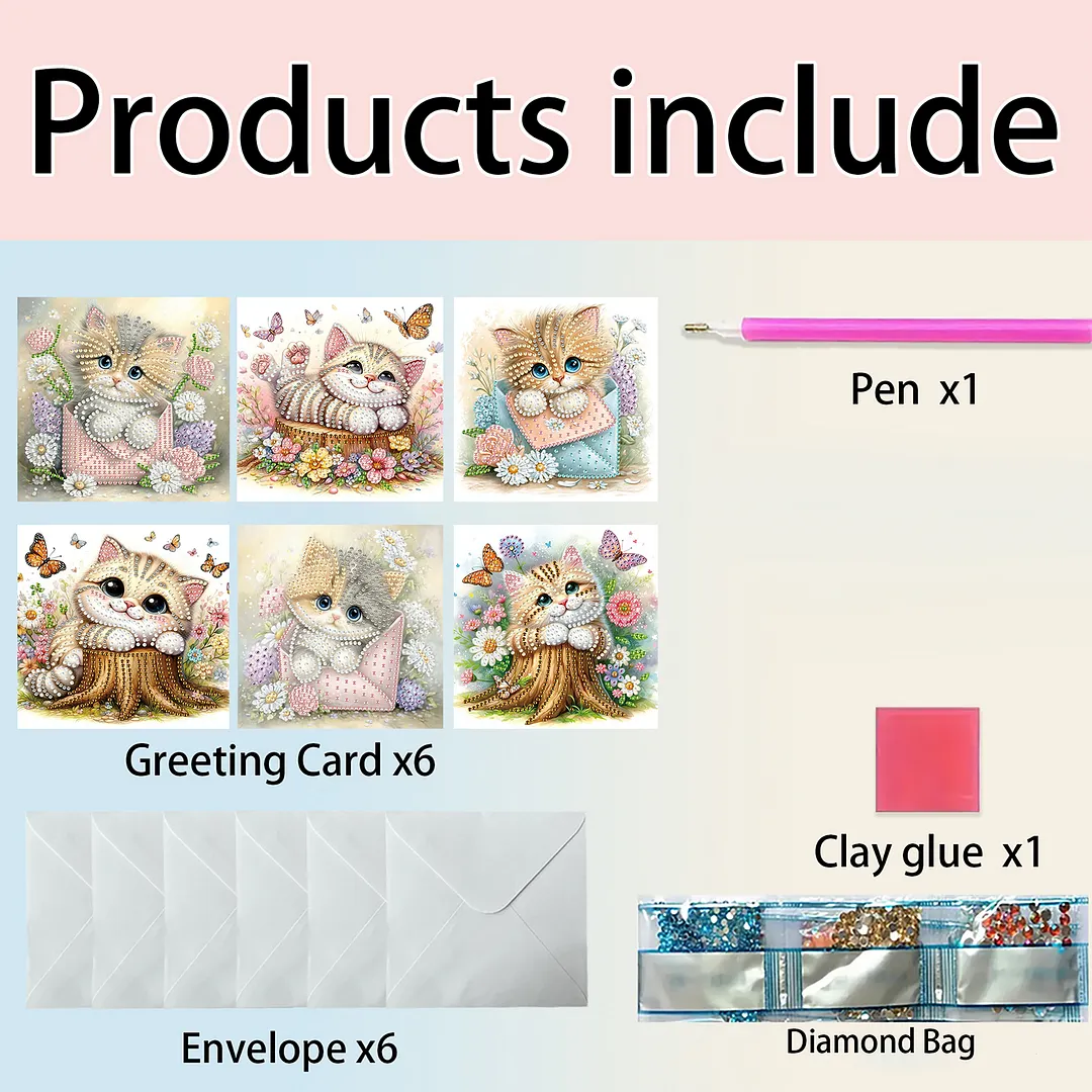 6pcs Cat And Flower Pattern DIY Diamond Painting Greeting Card Set with Envelope Diamond Painting Daily Wishing Cards for Birthdays Thanksgiving & Special Occasion