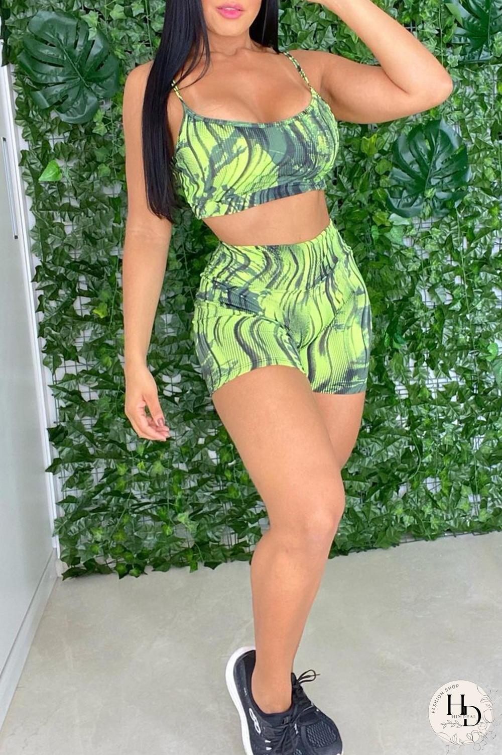 Green Sexy Print Split Joint Spaghetti Strap Sleeveless Two Pieces