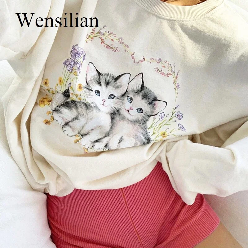 Cat Printed Hoody Women Tops Y2K  Aesthetics Oversize 90S Crew Neck Hoodies Female Retro Pullover Sweatshirts