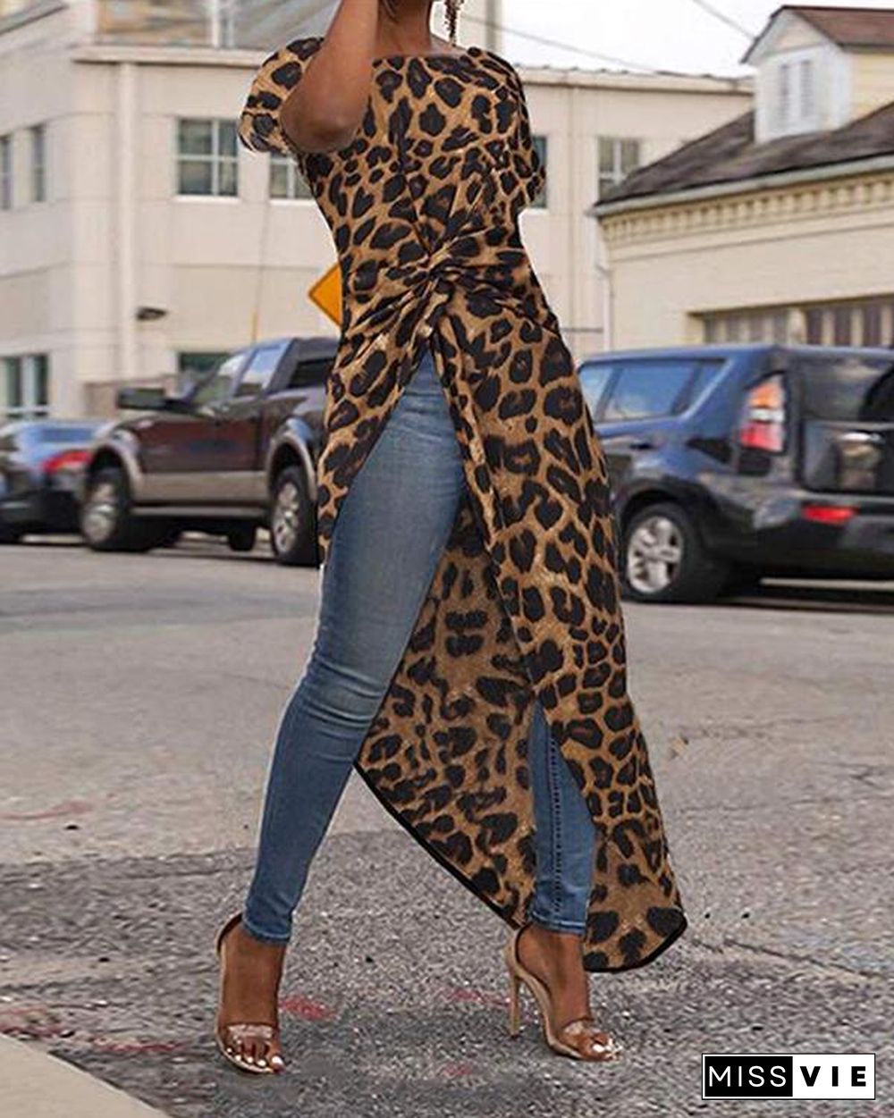 Women Loose High Low Tops Leopard Print Casual Shirts