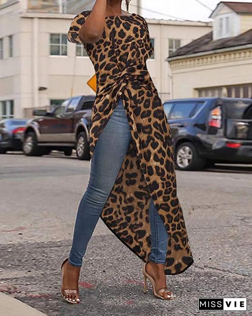 Women Loose High Low Tops Leopard Print Casual Shirts