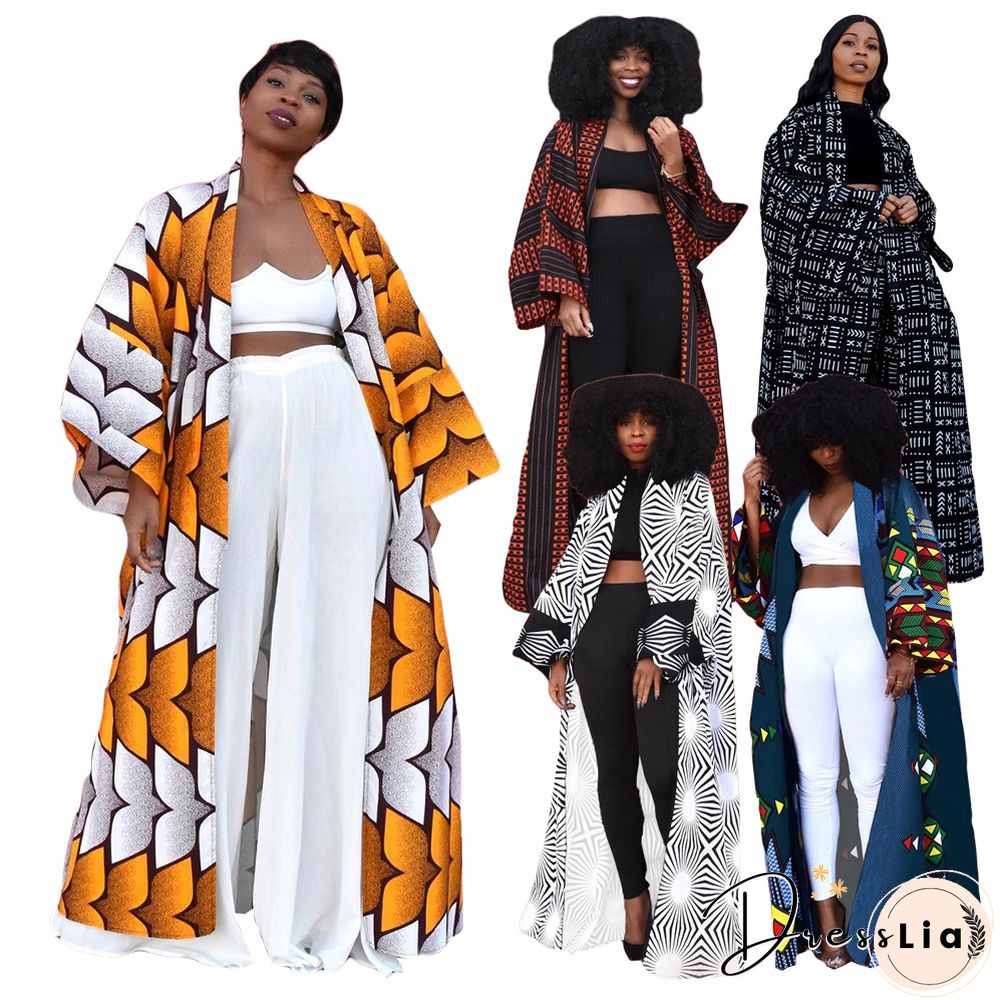 Printed Long Sleeve Open Front Long Cardigan Tops