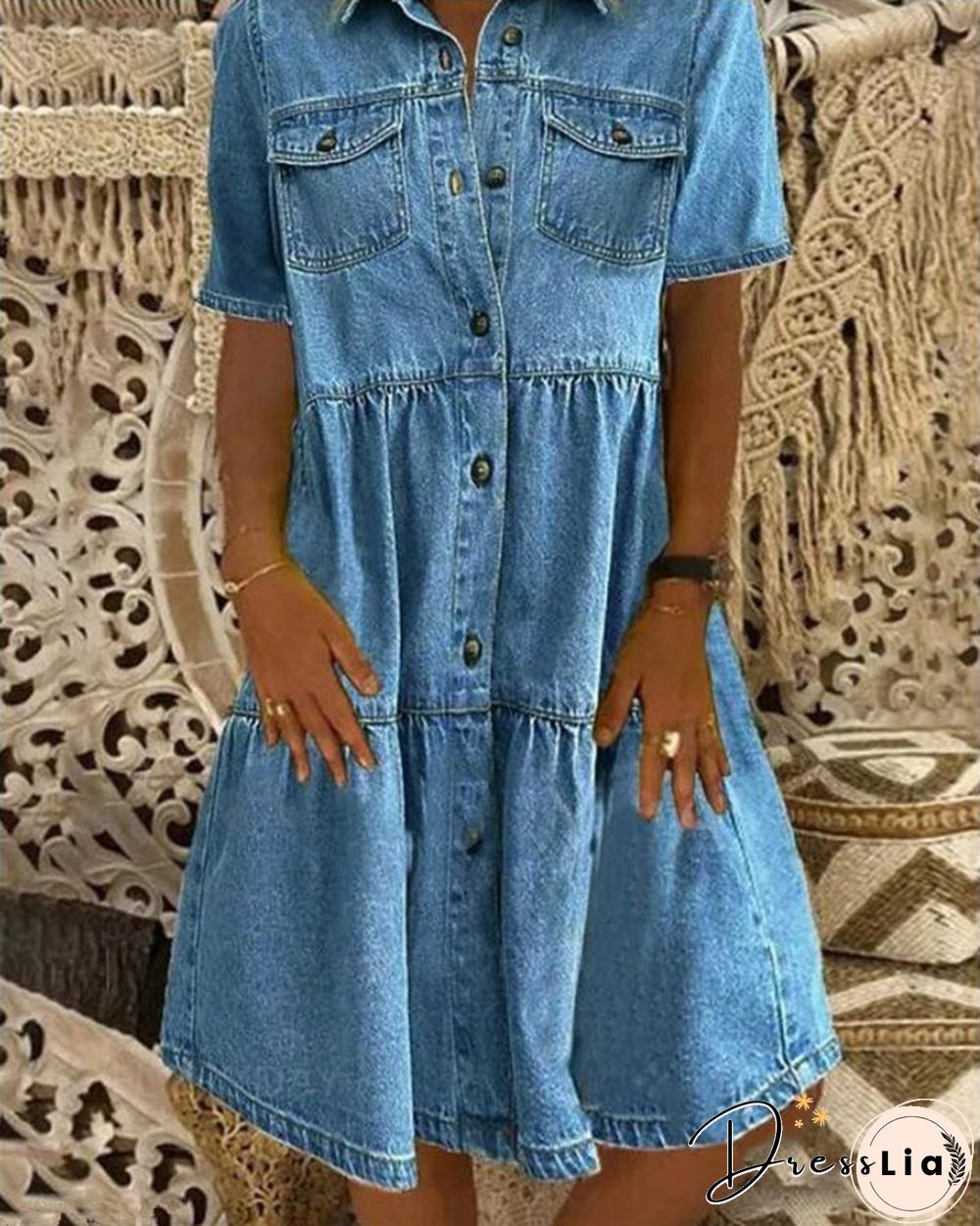 Sky Blue Denim Daily Casual Shirt Collar Short Sleeve Buttoned Pockets A-line Dresses