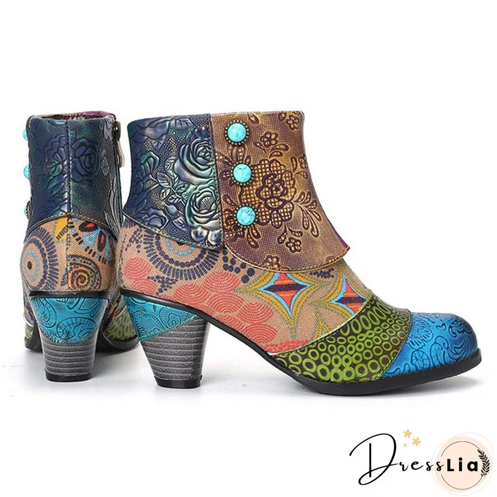 Ladies Fashion Round Toe Patent Leather High Thick Heel Stitching Casual Side Zipper Martin Boots