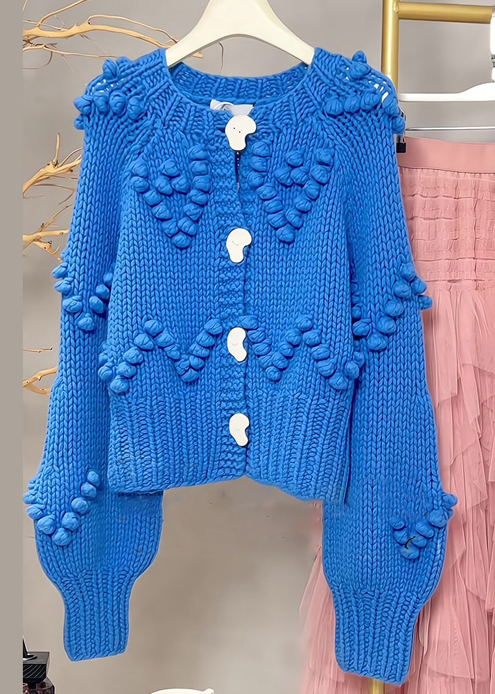 VCSHOES Loose Blue O Neck Button Cozy Cotton Knit Top Long Sleeve