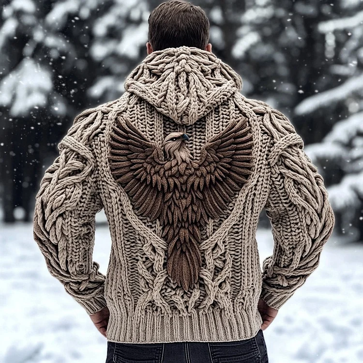 VChics Men's Viking Tribal Eagle Celtic Chunky Knit Hooded Sweater