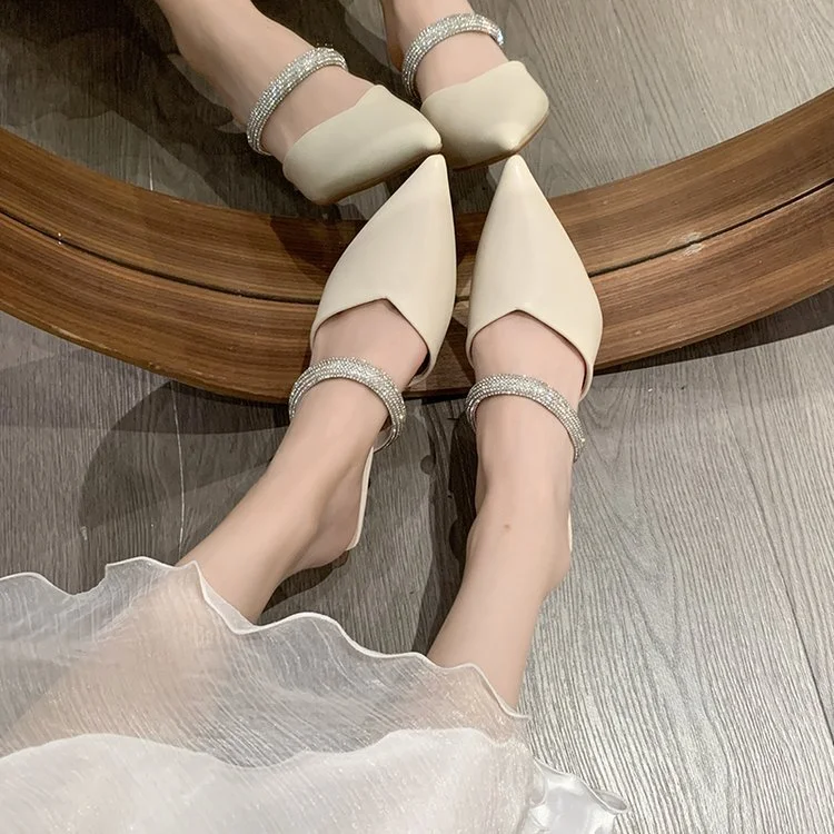 Wongn Wongn Summer New Fashion Pointed Head Half Drag Diamond A Word With High Heel Slippers Thin Heel Women's Shoes