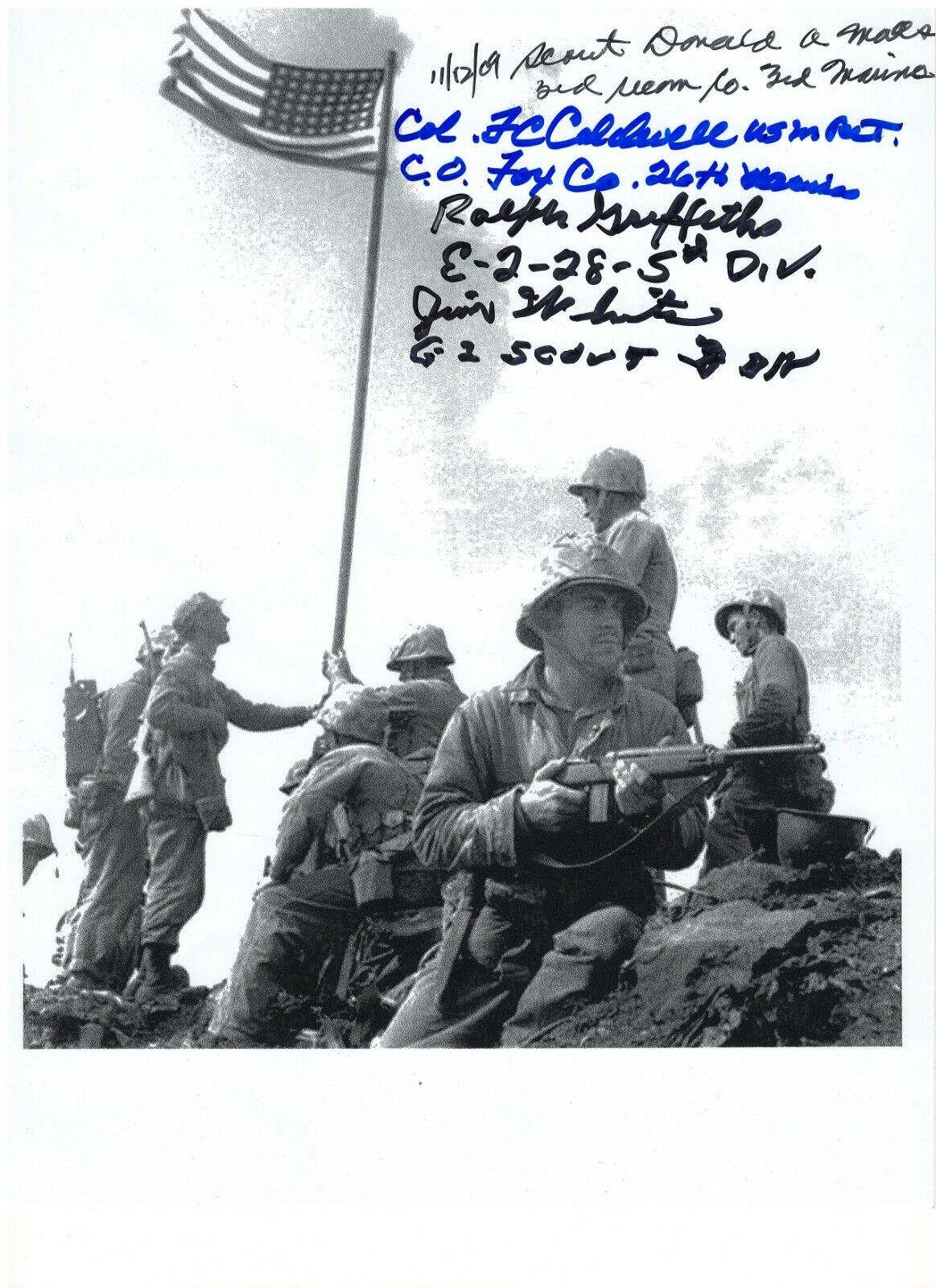 DONALD MATES,JIM WHITE, FRANK CALDWELL & RALPH GRIFFITHS IWO JIMA SIGNED Photo Poster painting