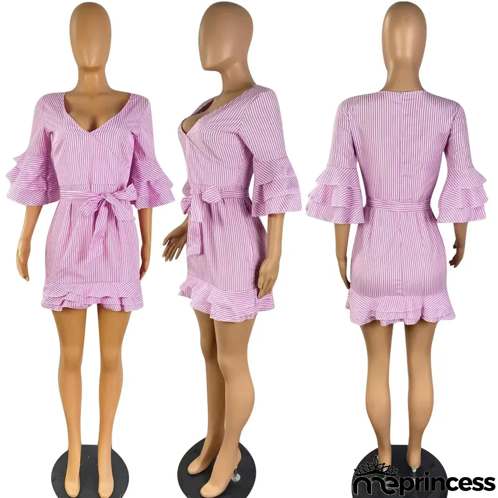 Women's Spring Summer Stripes Print V-Neck Ruffled Layer Casual Dress