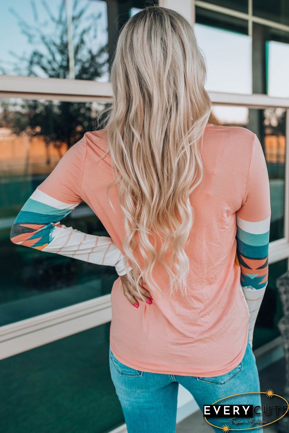Pink Aztec Stripe Color Block Slim Fit Long Sleeve Top